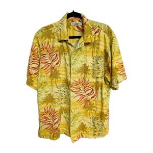 Tommy Bahama Silk Shirt Mens M Yellow Gold Floral Hawaiian Button Up Camp Casual